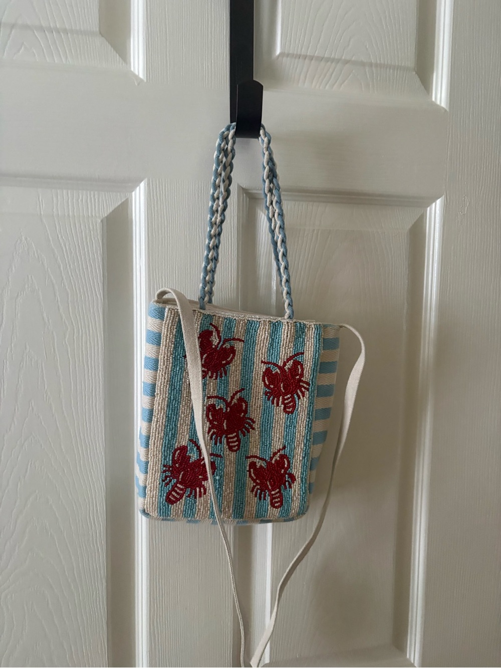 Striped Blue & Red Lobster Beaded Shoulder Bag